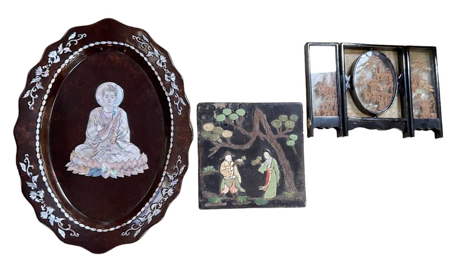 A modern Chinese oval lacquer and mother of pearl inlaid tray, 49 x 36cm, a hardstone set square - Image 2 of 2