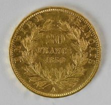 A Napoleon III French twenty francs gold coin, 1856, diameter 2cm, approx 6.4g.