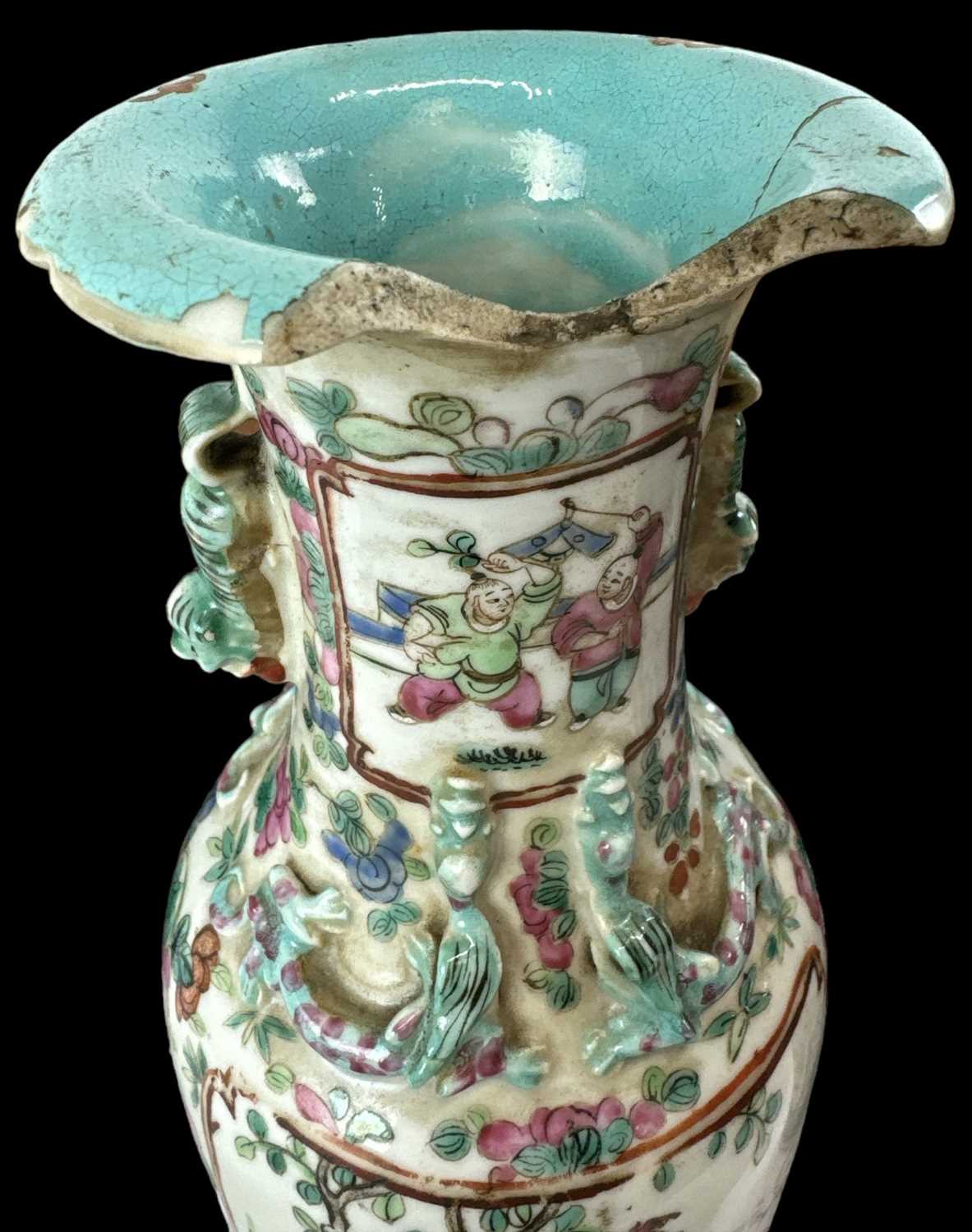 A pair of 19th century Chinese Canton Famille Rose porcelain hand painted vases decorated with - Image 2 of 2