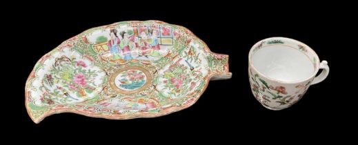 A 20th century Chinese Canton Famille Rose porcelain leaf shaped dish, 21 x 15.5cm, and a Chinese
