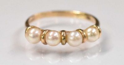 A 9ct yellow gold seed pearl set ring, size N, approx 2.35g.