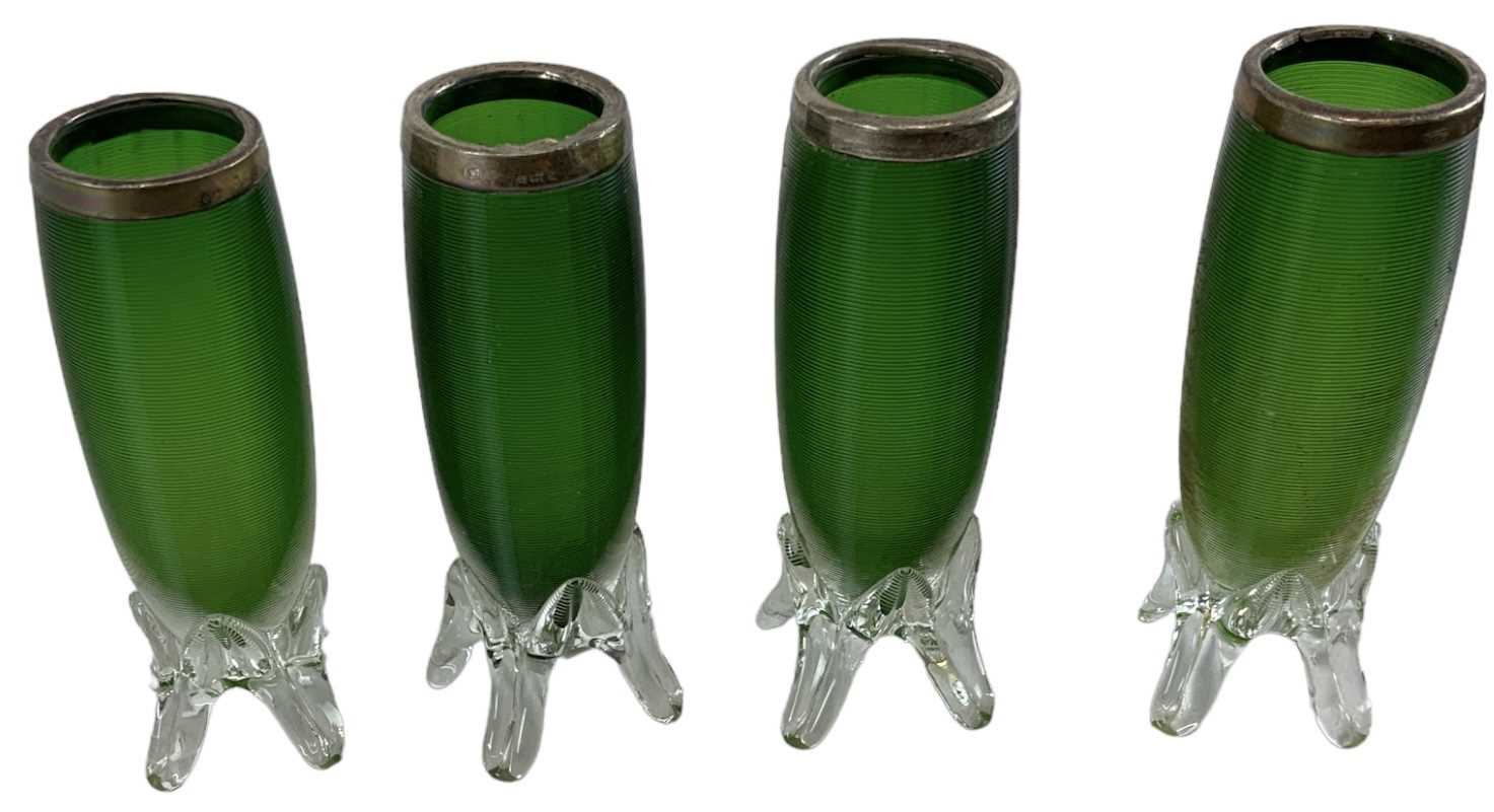 A set of four Edward VII hallmarked silver mounted green ribbed glass vases, Birmingham 1907, height