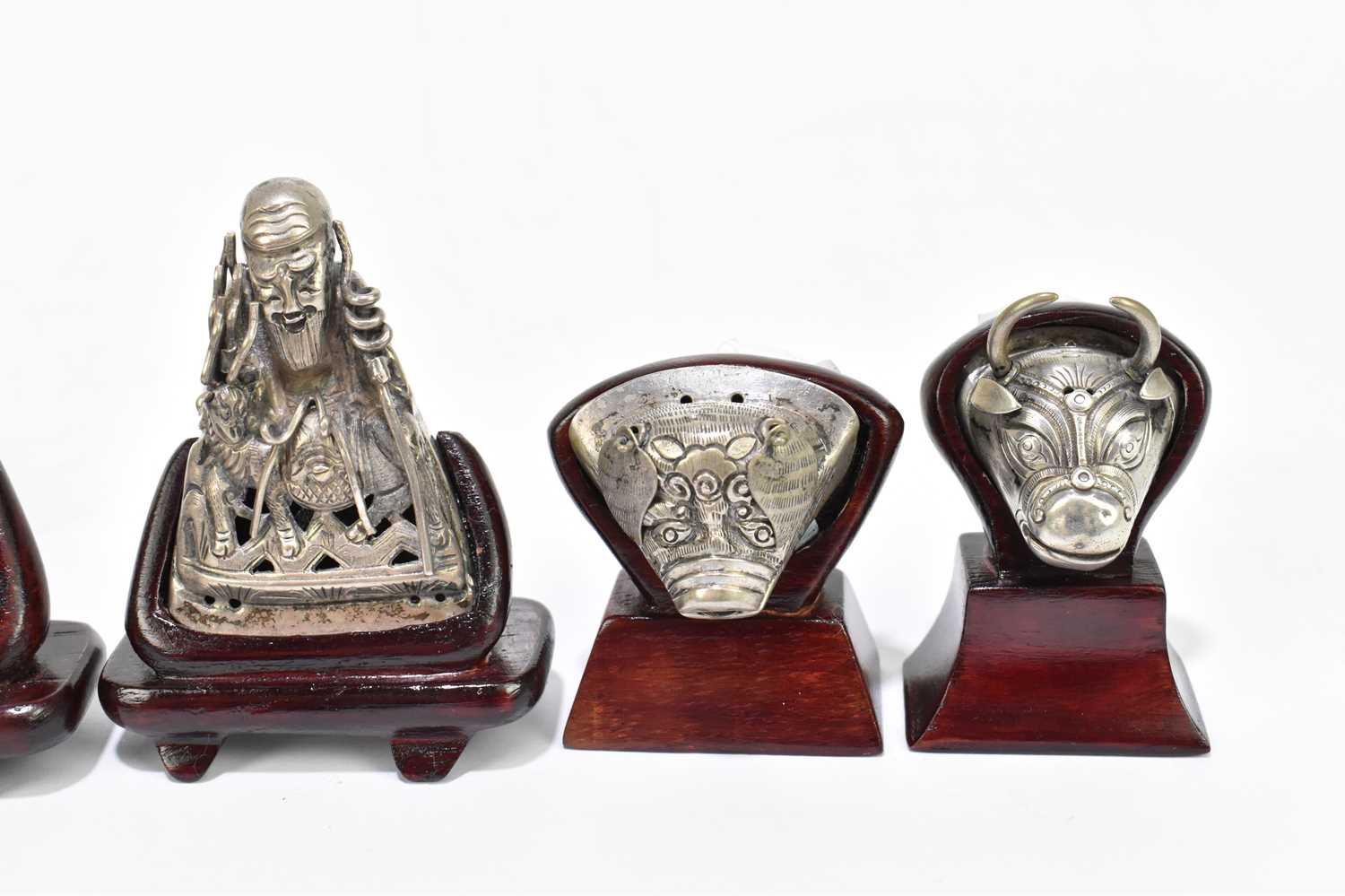 Three pairs of Mongolian white metal hat finials, each now mounted on a modern wooden stand for - Image 3 of 4