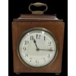 An Edwardian mahogany and inlaid mantel clock with white enamel dial, height 18cm, width 12cm.