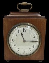 An Edwardian mahogany and inlaid mantel clock with white enamel dial, height 18cm, width 12cm.