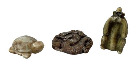 A group of three Chinese carved hardstone items including a turtle, indistinct marks to base, length