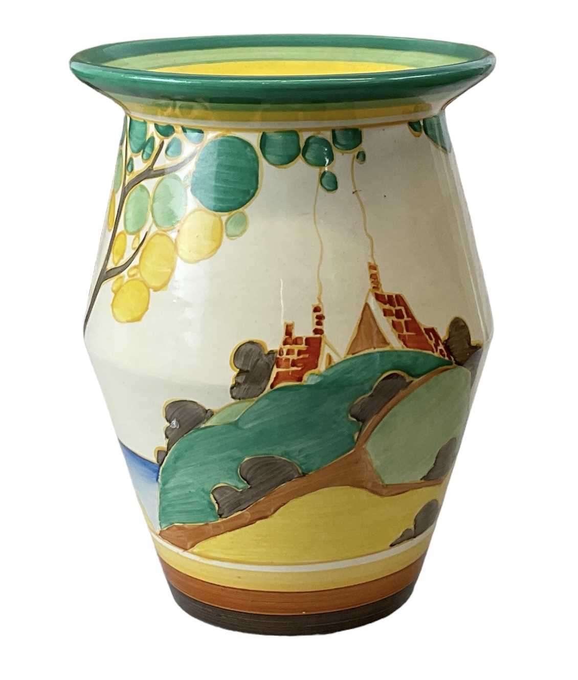 CLARICE CLIFF; a 'Bizarre' painted vase decorated in the 'Secrets' pattern, height 20cm, diameter