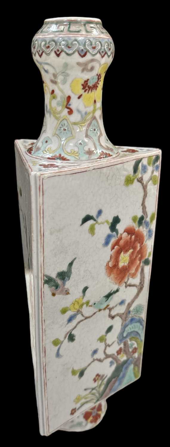 An early 20th century Chinese triangular form vase decorated with birds and flowers amongst trees, - Image 2 of 3