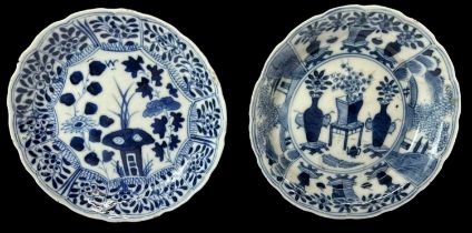 Two Chinese blue and white porcelain dishes, each with floral decoration and four character mark