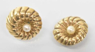A pair of 9ct yellow gold pearl set earrings (one missing its back), combined approx 8.8g.