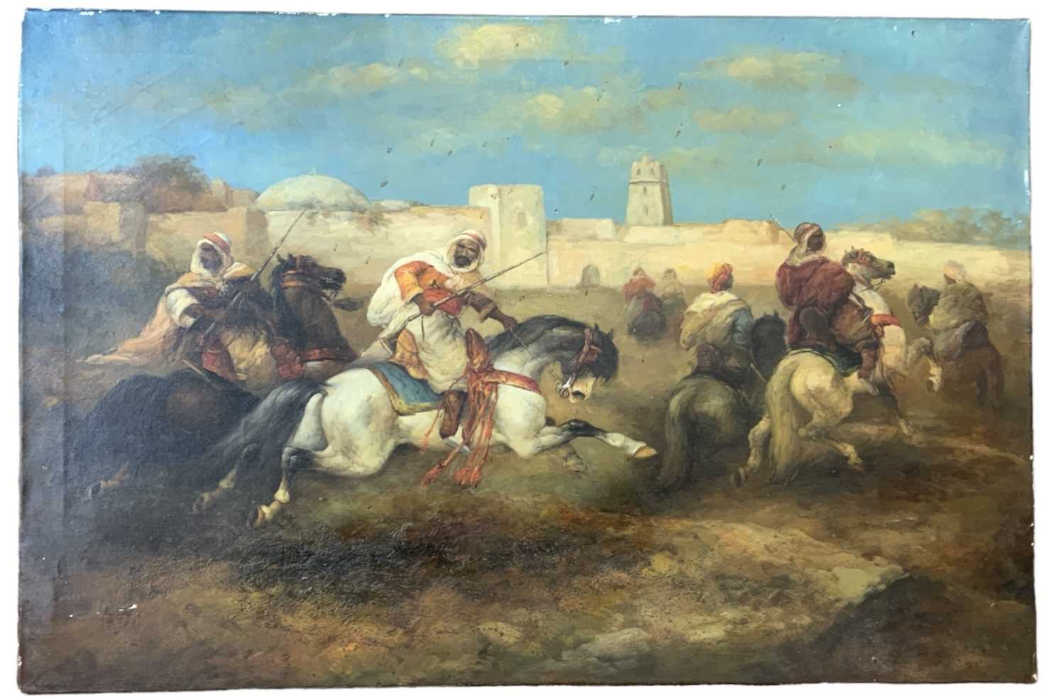 IN THE STYLE OF ADOLPH SCHREYER; oil on board, figures on horseback in battle, 60 x 90cm, unframed.