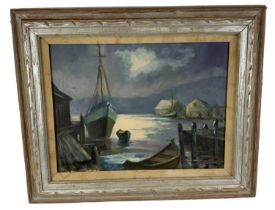 UNATTRIBUTED; oil on canvas, shipping scene, boats in a harbour, indistinctly signed lower right, 44