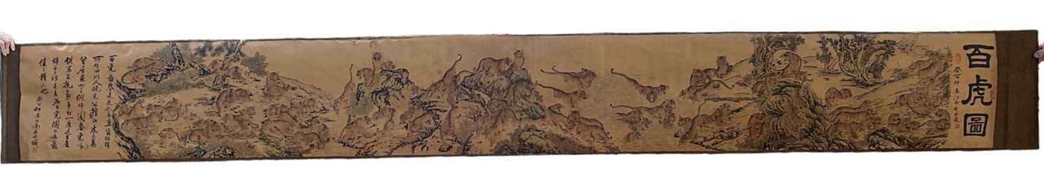 A large early 20th century Chinese scroll depicting tigers amongst mountainous landscape, 400 x