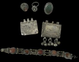 A group of Islamic and Afghan jewellery including a brass semi-precious stone bracelet, length 19cm,