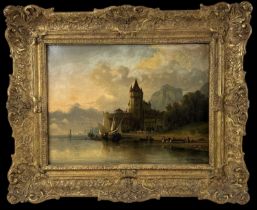 CHARLES EUPHRASIE KUWASSEG (1833-1904); oil on canvas, Dutch lake scene, boats on a lake with castle