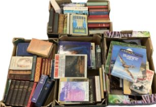 Five boxes of assorted leather bound, hardback and paperback books, including Charles Dickens etc.