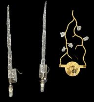 PORTA ROMANA; a pair of cut glass icicle effect wall lights, height 70cm, and a Porta Romana brass