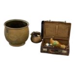 A 19th century copper twin handled log bucket, a swing loop handle cooking pot and a painted