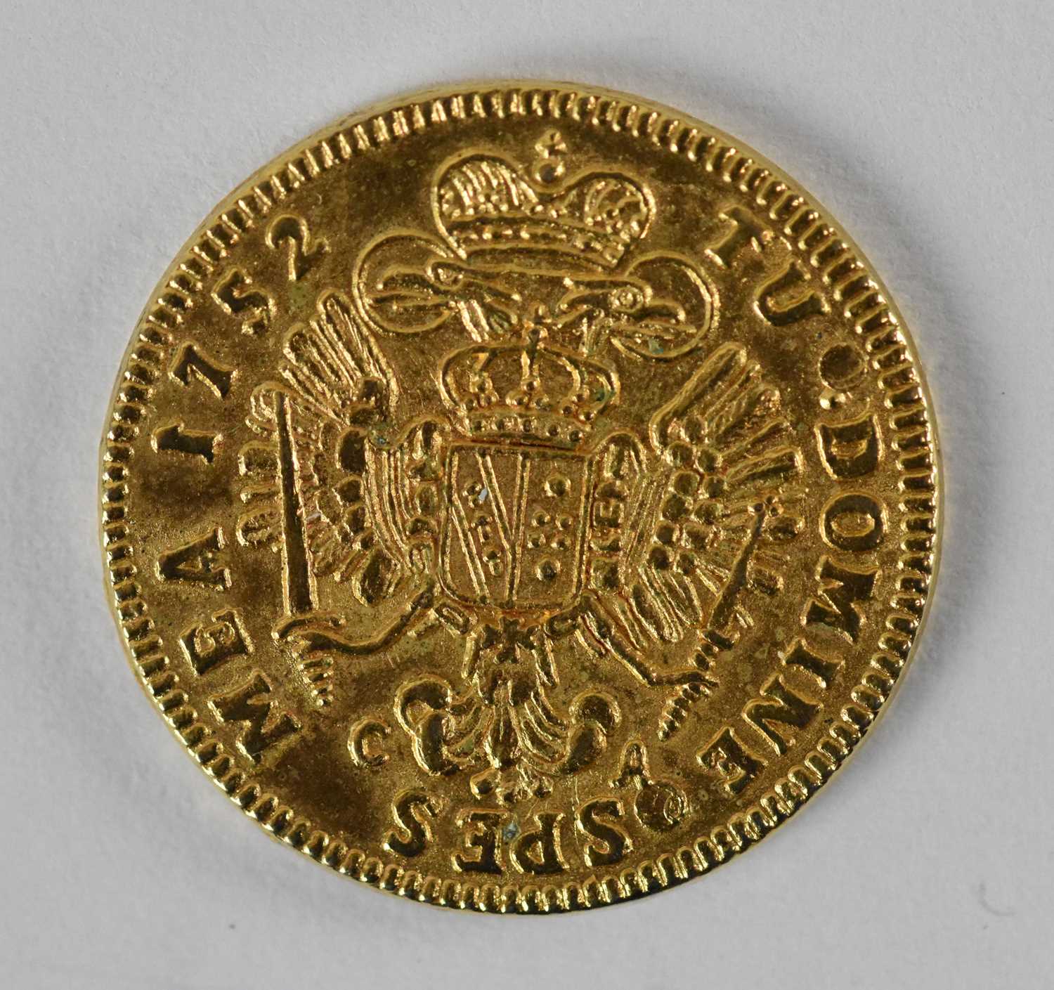 A 1752 French one ducat gold coin, diameter 2cm, approx 2.3g.