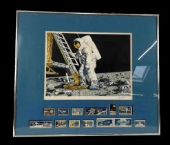 PAUL CALLE; a framed signed print of a man on the moon, signed lower right, 25 x 32.5cm, with twelve