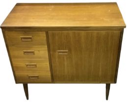 A teak mid century cased sewing table with fitted Singer sewing machine, width 85cm.
