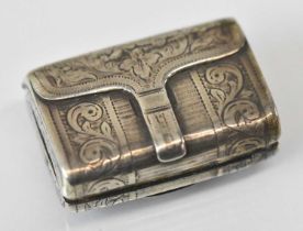 TAYLOR & PERRY; an early Victorian hallmarked silver satchel form vinaigrette with pierced gilt