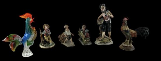 CAPO-DI-MONTE; four assorted figurines comprising 'Fisherman', 'Shoe Black', 'Cockerel', and 'Boy