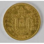 A Napoleon III French twenty francs gold coin, 1862, diameter 2cm, approx 6.4g.