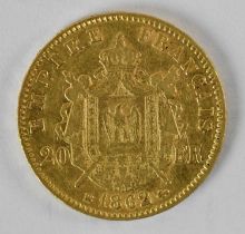 A Napoleon III French twenty francs gold coin, 1862, diameter 2cm, approx 6.4g.