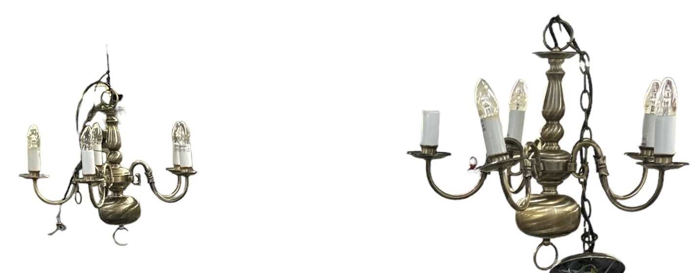 A pair of modern brass effect five branch ceiling lights, height 45cm.