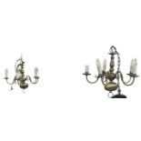 A pair of modern brass effect five branch ceiling lights, height 45cm.