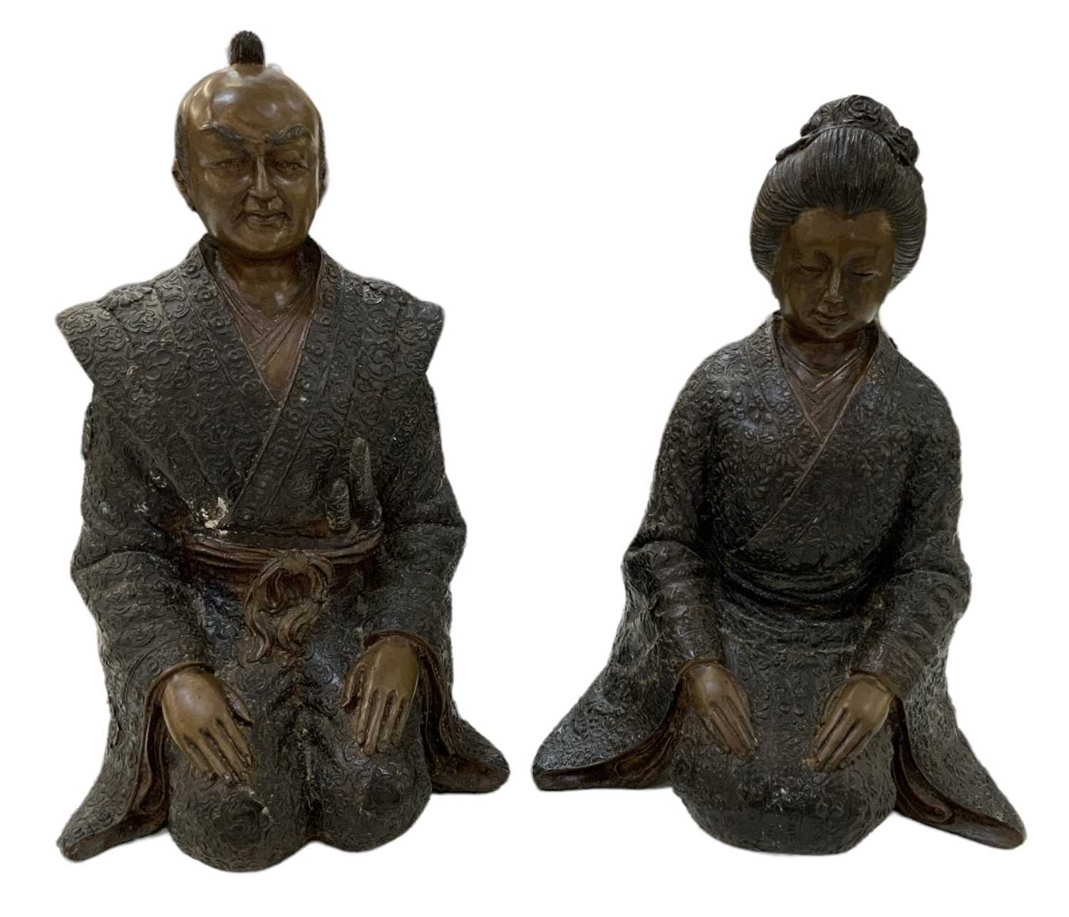 A modern Japanese bronze of a Samurai and his wife, height 29cm.