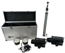 A quantity of studio lighting and camera equipment, including tripods etc.