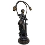 AFTER AUGUSTE MOREAU; a bronze figural two branch table lamp in the form of a female, on marble