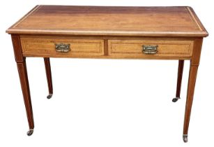 An Edwardian mahogany and satinwood crossbanded two drawer side table, width 115cm.