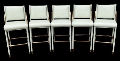 A set of five modern leather upholstered and brass framed bar stools.