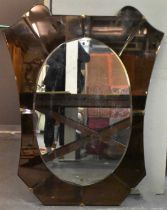 An Art Deco oval glass mirror, with peach glass surround, height 120cm, width 96cm.