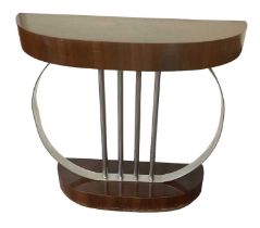 An Art Deco walnut and chrome demi-lune hall table, width 93cm.