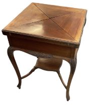 An early 20th century mahogany envelope card table with single drawer, top measures 55.5 x 55.5cm.