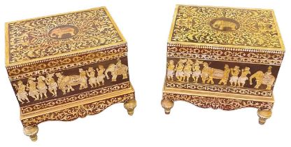 A pair of modern Sri Lankan painted storage boxes, with hinged lids, width 72cm, depth 56cm,