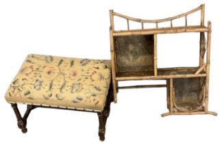 An early 20th century floral needlework upholstered footstool and a three tier bamboo wall hanging