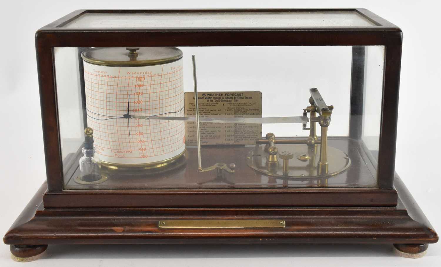 A 20th century mahogany cased barograph, presented to A. Taramelli, 1939, with presentation plaque