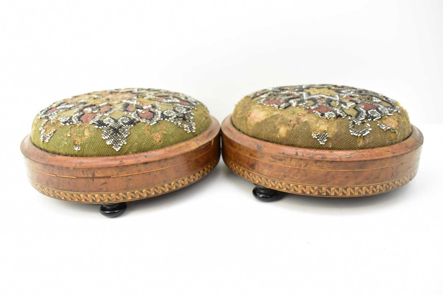 A pair of 19th century German footstools with embroidered and beadwork tops, inlaid pattern to the - Image 3 of 4