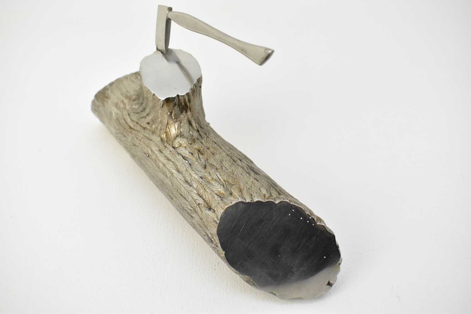 An unusual craftsman made polished steel paperweight in the form of an axe lodged on tree stump, the - Image 2 of 3