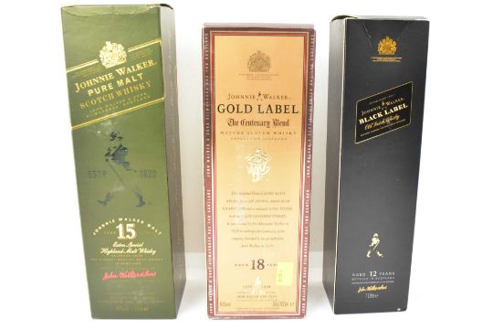 WHISKY; three bottles of boxed Johnnie Walker Scotch whisky comprising pure malt, aged 15 years,