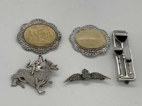 CHARLES HORNER; a pair of hallmarked silver brooches, Chester 1948, an RAF sweetheart brooch and two