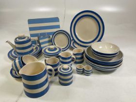 T. G. GREEN; a collection of Cornishware including pasta bowls, dinner plates, butter, teapot, jugs,