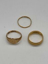 A 22ct gold wedding band, size L, approx 3.7g, an 18ct gold small signet ring, size L, approx 3.2g