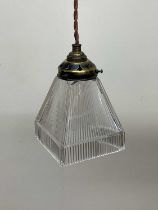 A clear holophane square rim pendant light with metal gallery, diameter 11.5cm.