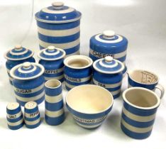 T. G. Green; a collection of Cornishware including a bread crock, cheese dome, salt and pepper,